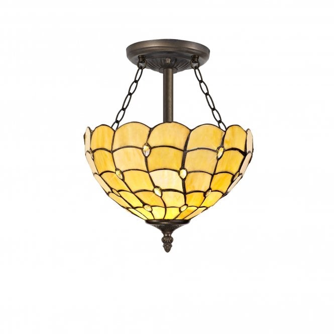 COLLETTE Tiffany 3 Light Semi-Flush Ceiling 30cm Beige, Clear Crystal, Antique Brass