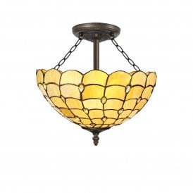 COLLETTE Tiffany 3 Light Semi-Flush Ceiling 40cm Tiffany Beige, Clear Crystal, Antique Brass