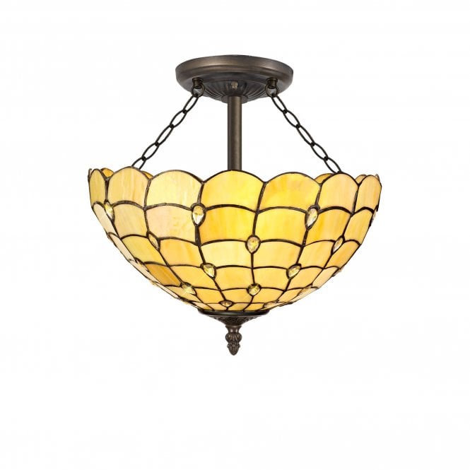COLLETTE Tiffany 3 Light Semi-Flush Ceiling 40cm Tiffany Beige, Clear Crystal, Antique Brass
