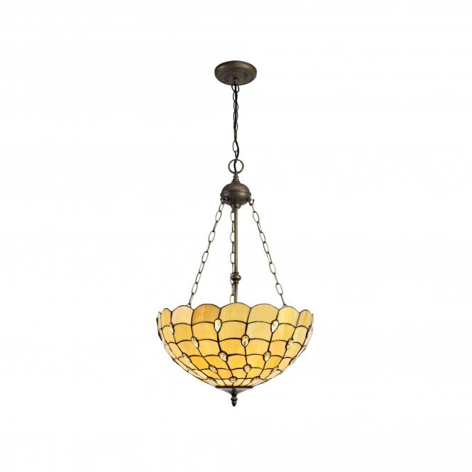 COLLETTE Tiffany 3 Light Uplighter Ceiling Pendant 50cm Beige, Clear Crystal, Antique Brass