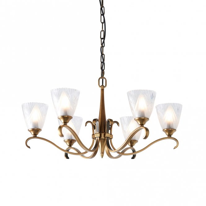 COLUMBIA traditional 6 arm ceiling light in antique brass with Art Deco glass shades