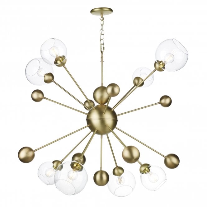 COSMOS large horizontal ceiling light in solid brass with clear glass orbs