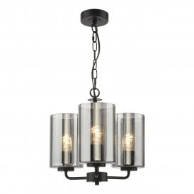 3 Light pendant in satin black and smoked glass