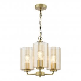 3 Light pendant in satin gold and amber glass