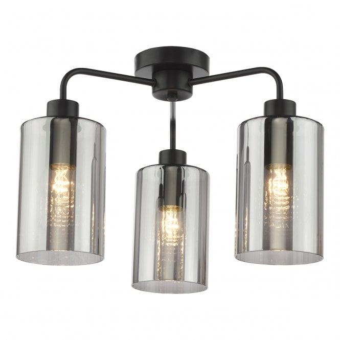 Daylin 3 Light Semi-Flush Satin Black and Smoked Ribbed Glass