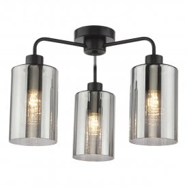 Semi-flush satin black and smoked glass ceiling light