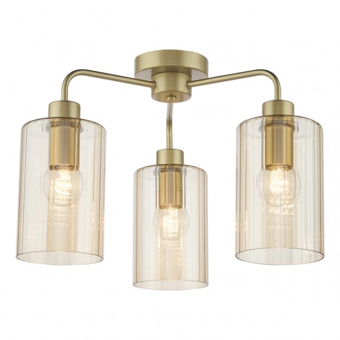 Daylin 3 Light Semi-Flush Satin Gold and Amber Ribbed Glass