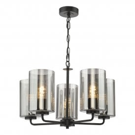 5 Light pendant satin black and smoked glass
