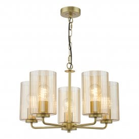 5 Light pendant in satin gold and amber glass