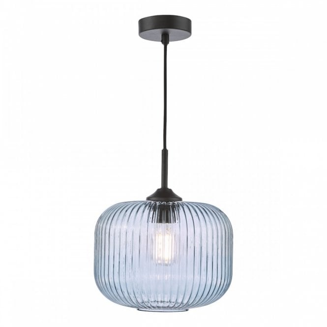 Demarius Matt Black Pendant with Blue Ribbed Glass