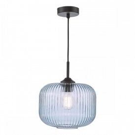 matt black pendant with blue ribbed glass shade