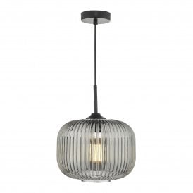 Demarius Matt Black Pendant with Smoked Ribbed Glass