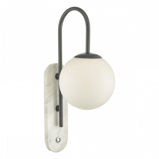 DEUCE IP44 globe wall light with white marble back plate