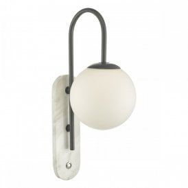 DEUCE IP44 globe wall light with white marble back plate