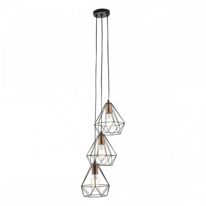 DEYON cluster of 3 ceiling pendants with open black geometirc frames and copper lamp holders