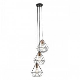 DEYON cluster of 3 ceiling pendants with open black geometirc frames and copper lamp holders