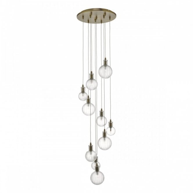 DITA cluster of 10 ceiling pendants with ribbed glass shades on warm brass fitting