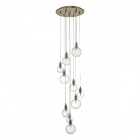 DITA cluster of 10 ceiling pendants with ribbed glass shades on warm brass fitting