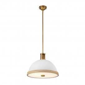 a modern matt white pendant light with vintage brass and rattan detail