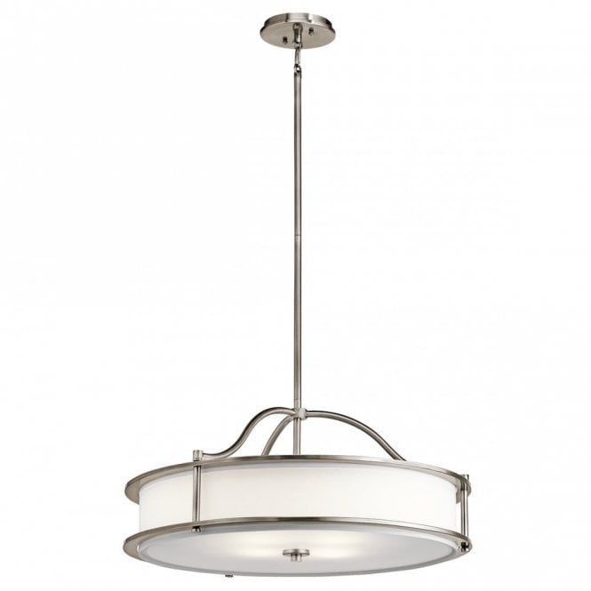 EMORY 4 light dual mount ceiling light with off-white drum shade on pewter fitting