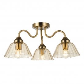 3 Light semi-flush ceiling light in antique bronze and amber glass