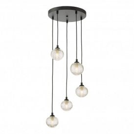 FEDERICO 5 Light Cluster Pendant Black Clear Ribbed Glass