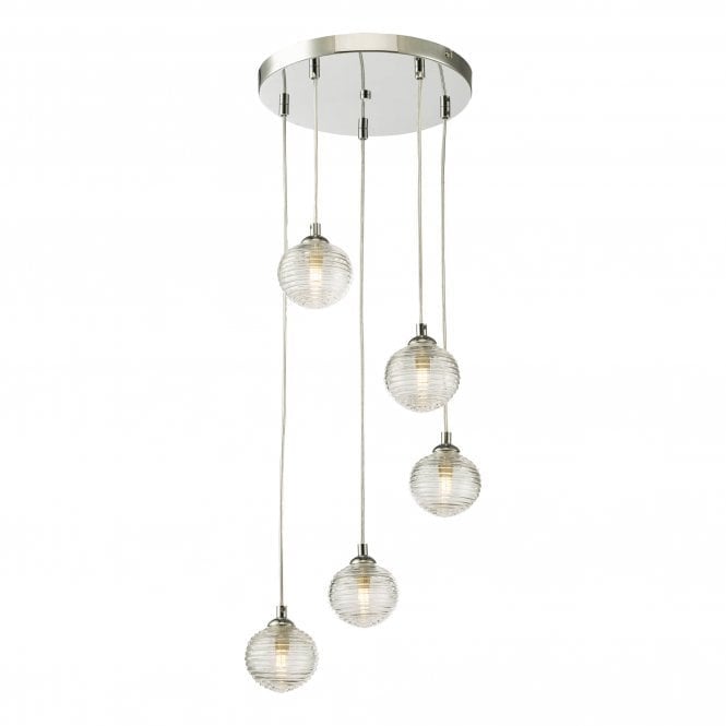 FEDERICO 5 Light Cluster Pendant Polished Chrome Clear Ribbed Glass
