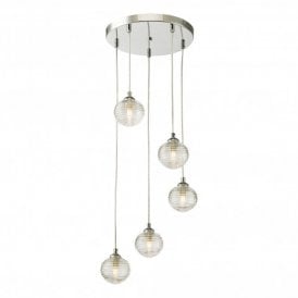 FEDERICO 5 Light Cluster Pendant Polished Chrome Clear Ribbed Glass