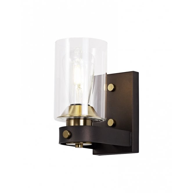 FEUDAL single wall light in dark oxide brown with cylindrical glass shade