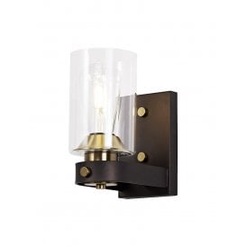FEUDAL single wall light in dark oxide brown with cylindrical glass shade