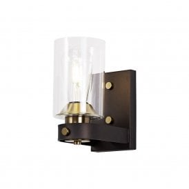 FEUDAL single wall light in dark oxide brown with cylindrical glass shade