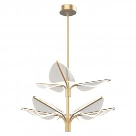 a modern LED lit chandelier comprised of 8 edge lit leaves finished in brass