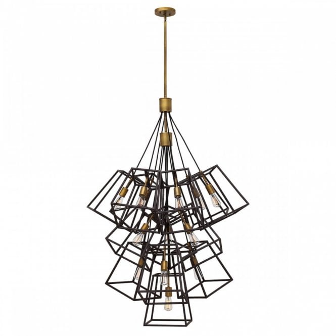FULTON large 13 light cluster of ceiling pendants with open bronze cage shades