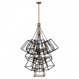FULTON large 13 light cluster of ceiling pendants with open bronze cage shades