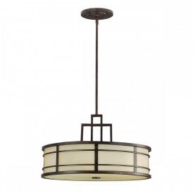 FUSION 3 light geometric drum pendant in dark bronze with amber glass shade and diffuser
