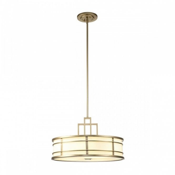 FUSION 3 light geometric drum pendant in painted natural brass with opal glass shade and diffuser