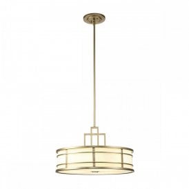 FUSION 3 light geometric drum pendant in painted natural brass with opal glass shade and diffuser