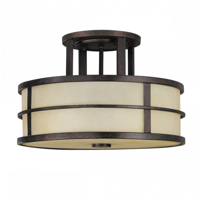 FUSION 3 light semi flush ceiling light in dark bronze with amber glass shade and diffuser