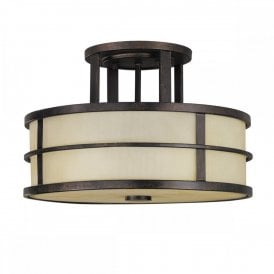 FUSION 3 light semi flush ceiling light in dark bronze with amber glass shade and diffuser