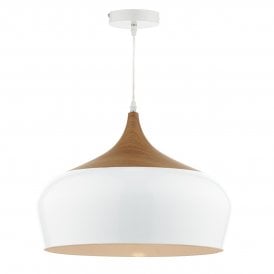 Nordic Style Gloss White Ceiling Pendant Light With Wood Detail - Large