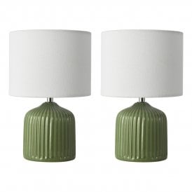 Green ceramic table lamp with linen shade in two pack
