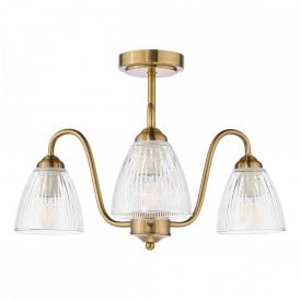 antique bronze semi flush light fitting with ribbed glass shades