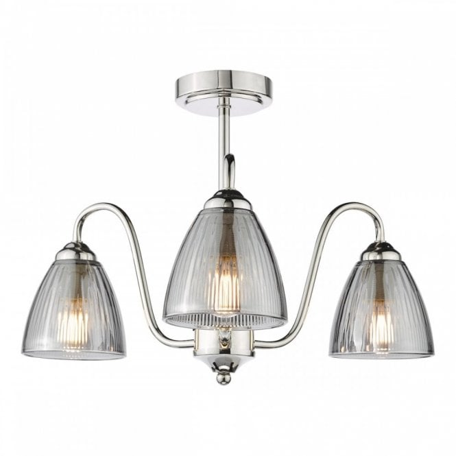 Glynis 3 Light Semi-Flush in Polished Nickel with Smoked Ribbed Glass Shades