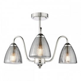 3 light polished nickel semi-flush fitting with smoked ribbed glass shades