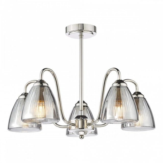 Glynis 5 Light Semi-Flush in Polished Nickel with Smoked Ribbed Glass Shades