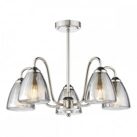 5 light polished nickel semi flush ceiling light with smoked ribbed glass shades
