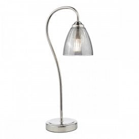 polished nickel table lamp with smoked ribbed glass shade