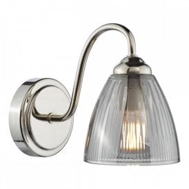 polished nickel wall light with smoked ribbed glass shade