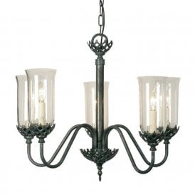 GOTHIC traditional 5 arm ceiling light with storm glass shades