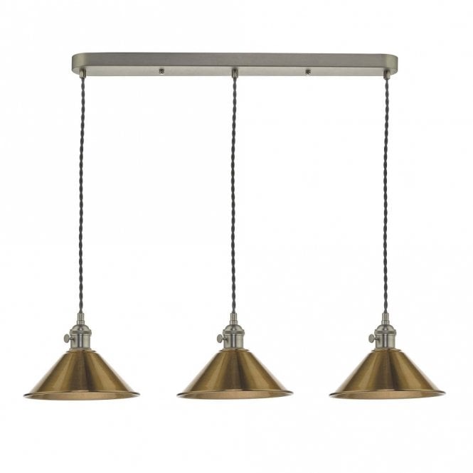 HADANO retro style antique chrome 3 light ceiling bar pendant with aged brass coolie shades
